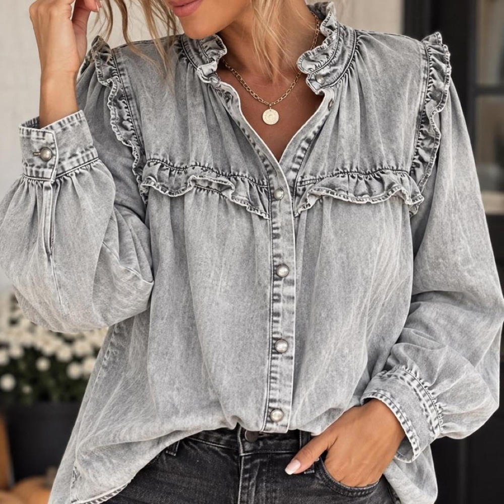 Jane + Delancey Acid Wash Ruffle Denim Shirt Jacket 1X Cottagecore Western
